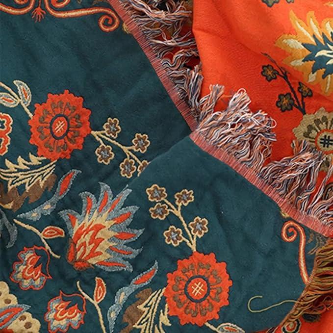 Bohemian Throw Blanket, Folk Blankets 90x98 Inch King Cotton Reversible Ultra Soft Light Quilt Comfy Cozy Bedding Coverlet Sofa Throw (Orange+Green)