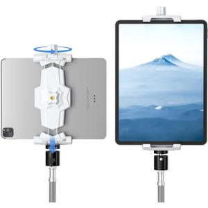 KDD iPad and Phone Tripod Mount Adapter with Ball Head, White Tablet Mount for Tripod, 360 Rotatable iPad Holder Clamp fit iPad Pro 12.9, Air Mini, Galaxy Tab, Surface Pro, Selfie (5.3-10.6)