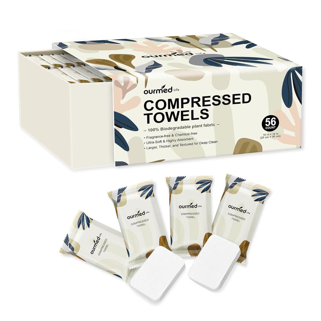 Ourmed Life Mini Compressed Towel Tablets, Disposable Washcloths, Individually Wrapped Mini Tablets, Expands with Water, Soft & Lint-Free, 12 x 10 Inch, Travel Size (56 Count)