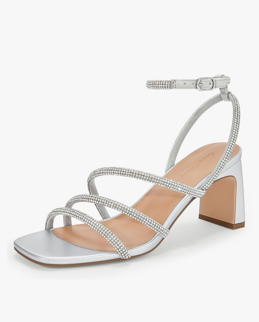 CosyFever Womens Rhinestone Sandals Ankle Strap Square Toe Dressy Heels Shoes for Party Wedding Dressy Dating, Size:10M