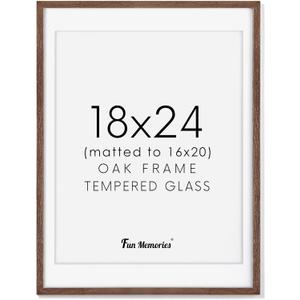 Fun Memories 18x24 Wood Frame, Natural Solid Oak Wood Poster Frame 24 x 18 with Tempered Glass, Wood Picture Frame 18 x 24 for Posters, 18''x24'' Matted Frame for 16x20 Picture, Walnut Color