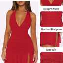 Women Sexy Halter Deep V Neck Ruched Bodycon Dress Summer Side Slit Mesh Hem Cocktail Club Party Short Mini Dresses (Red, M)
