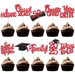 100 Pcs Graduation Cupcake Toppers Congrats Grad Class of 2025 Graduation Cupcake Picks Toppers Diploma Supplies for Party Decorations(Black, Red)