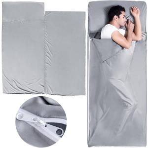 Sleeping Bag Liners with 2 Way Zipper, Adult Sleep Sack Travel Sheets for Hotel/Hostels/Business Trips, Lightweight Single Camping Sheet Sleep Bag Liner Warm & Cold Weather, Gray, 39" x 80"