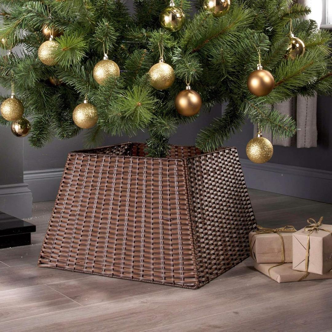 SUNNYPARK Christmas Tree Collar, Handmade Artificial Rattan Wicker Christmas Stand Tree Collar Basket Base Cover for Holiday Decoration-Square Brown