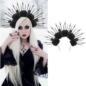 Black Rose Skeleton Goddess Halo Crown Headband for Women Gothic Flower Skull Queen Hair Hoop Day of The Dead Head Piece Costume Renaissance Cosplay Hair Accessory for Halloween Witcher Makeup Party