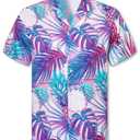 Cromoncent Boys' Funky Cuban Collar Shirt, Breathable Button-Up Summer Beach Shirt for Vacation,Neon Purple,8-9Y