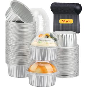 Cupcake Liners with Dome Lids 50 Pack,Free-Air 5oz Aluminum Foil Baking Cups Muffin Tin,Souffle Dessert Pudding Ramekin Holders for Individual Bakery Wedding Birthday Party,with 50 Spoons-Silver