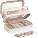 SONGMICS Makeup Bag with Mirror, with Jewelry Storage, Travel Makeup Bag, with Separate Brush Storage Pouch, Transparent Window, 8.7 x 4.7 x 4.7 Inches, Gift Idea, Cloud White UJKA026W01