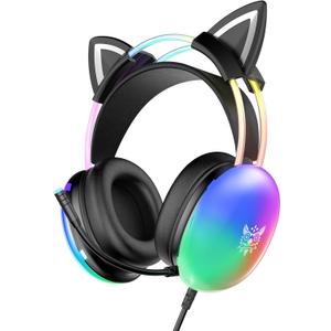 Cat Ear Gaming Headset with Mic, RGB Rainbow Lighting, Surround Sound, 3.5mm Wired Over-Ear Headphones for PC/PS4/PS5/Switch/Laptop, Lightweight & Adjustable Headband