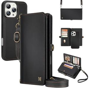 MEGSHI for Wallet Case Compatible with iPhone 16 Pro,Multi-Function Detachable 2 in 1 Magnetic iPhone 16 Pro Case Wallet,Flip Strap Zipper Card Holder Phone Case with Shoulder Straps (Black)