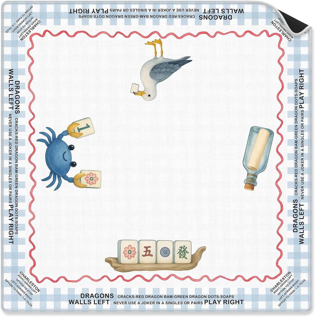 Coastal Beach Mahjong Mat 31.5 x 31.5 in, Blue and White Plaid Mahjong Mat for Table, Non-Slip Noise Reduction Game Table Cover Tablecloth for Card Poker Dominoes Dice and Board Games