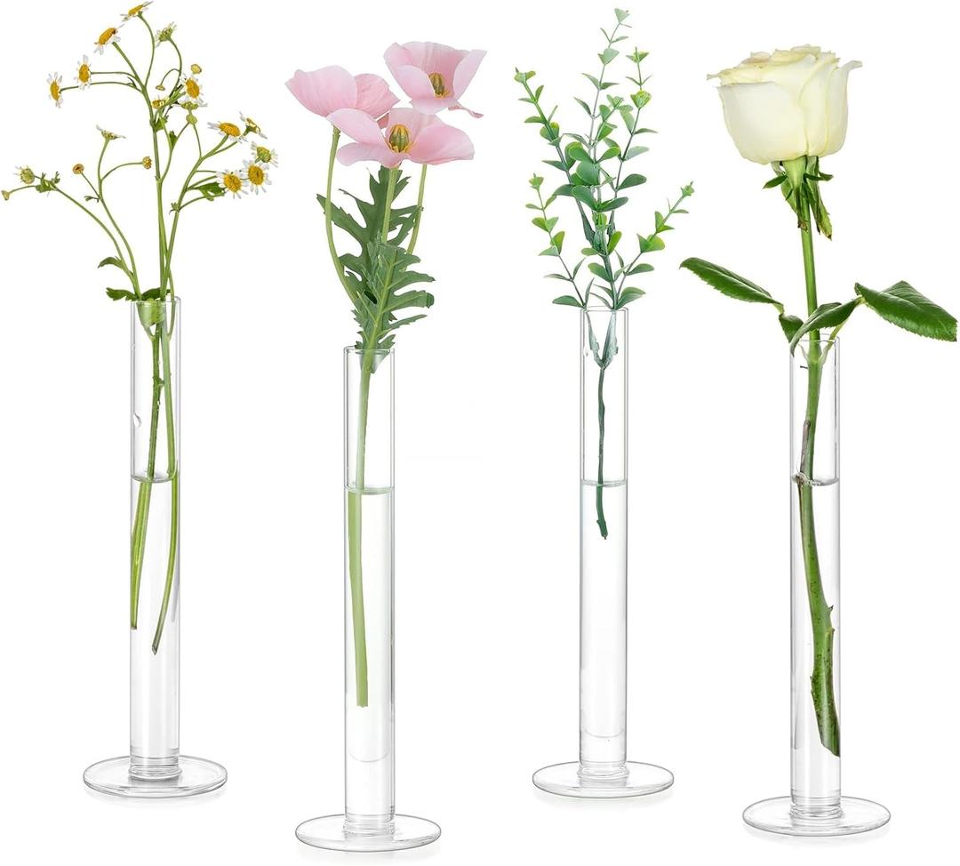 Glasseam Glass Bud Vase for Centerpieces, Small Flower Vases Set of 4Pcs Clear Single Rose Cylinder Centerpieces - 7.87" Tall Skinny Modern Wedding Table Decorations for Party Living Room