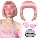 PLULON Lovely Pink Bob Wig with Heart Sunglasses Hair Cap, Colorful Short Bob Wigs Synthetic Party Wigs Funny Cosplay Hairpieces for Women Men Daily Bachelorette Halloween Costume Party Decorations