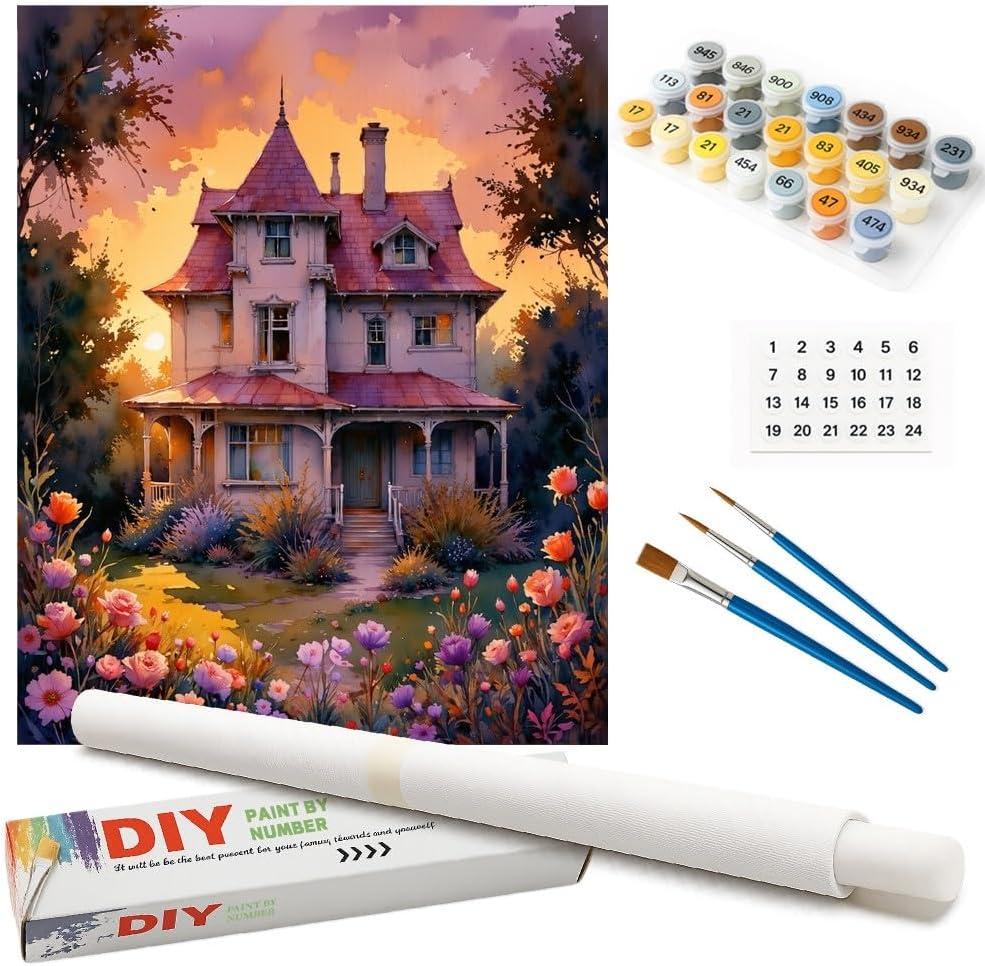 Romantic Cottage Paint by Numbers Kit for Adults - DIY Victorian House Painting on Rolled Canvas 16x20 Inches, Acrylic Paint Set, Suitable for Beginners, Art for Home Decoration or Gifts