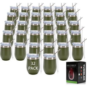 IEOVIEE 32 Pack 12oz Stainless Steel Bulk Tumblers with Lids and Straws Double Wall Travel Mug Powder Coated Insulated Tumbler Bulk Cup for Coffee Cocktails Beverage Gifts(Army Green)