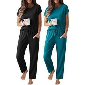 Ekouaer 2 Packs Pajamas for Women Set Cap Sleeve Top and Pants Soft Sleepwear Comfy Pjs Set with Pockets Lounge Set, XXL