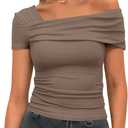 Darong Women's Summer Short Sleeve One Off The Shoulder Top Ruched Going Out Tops Slim Fit Y2K Shirt (Medium, Khaki)