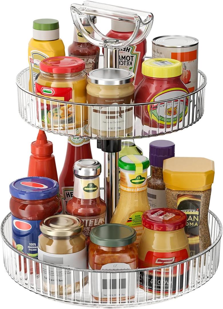 2-Tier Lazy Susan 360 Rotating Turntable Organizer Rack with Handles Height Adjustable, Spice Rack Holder Organizer for Cabinet, Pantry Organizers Bathroom Countertop Storage (Transparent Color)