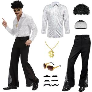 6 Pcs 70s Disco Outfit Costume for Men Dance Bell Bottom Pants Retro Shirts Moustache Sunglasses Wigs Necklace (X-Large, Silver)