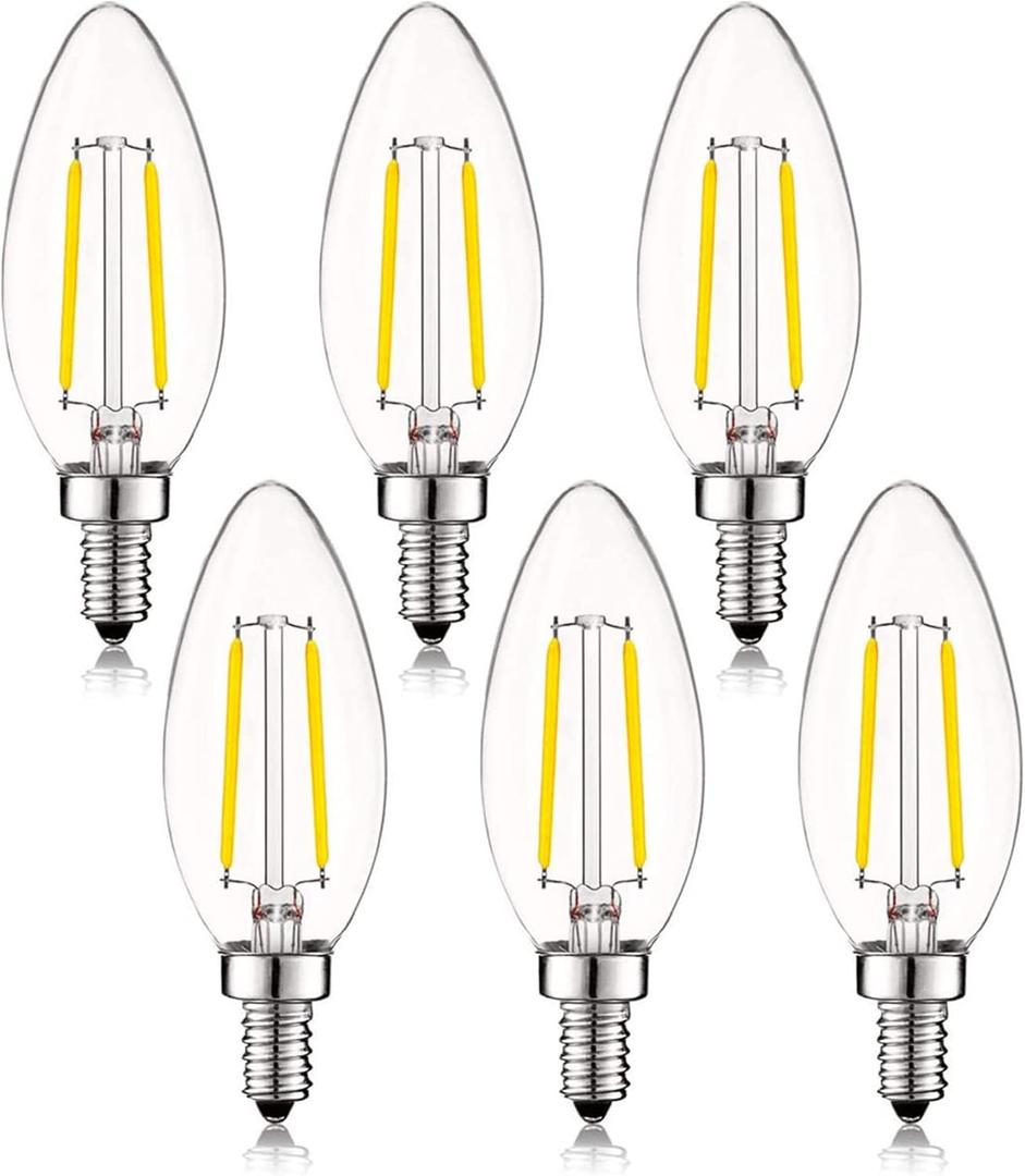 2W LED Candelabra Bulb 25W Equivalent E12 Dimmable LED Bulbs Clear Filament Vintage Home Decoration Candle Light Bulbs B11 2700K Warm White, 6 Pack