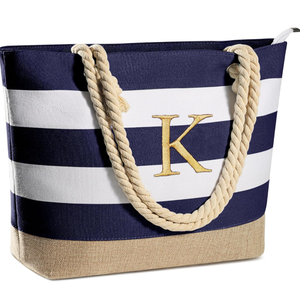 YOOLIFE Initial Canvas Waterproof Beach Tote Bag Zipper Personalized Gifts for Women Her Birthday Travel Beach Essential