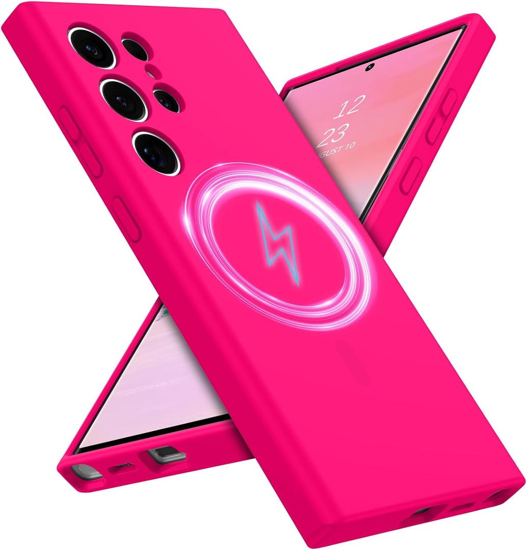 GUAGUA for Samsung Galaxy S24 Ultra Silicone Case, Compatible with Magsafe Soft Rubber Slim Microfiber Lining Cushion Texture Cover Shockproof Protective Phone Case for Galaxy S24 Ultra 6.8",Hot Pink