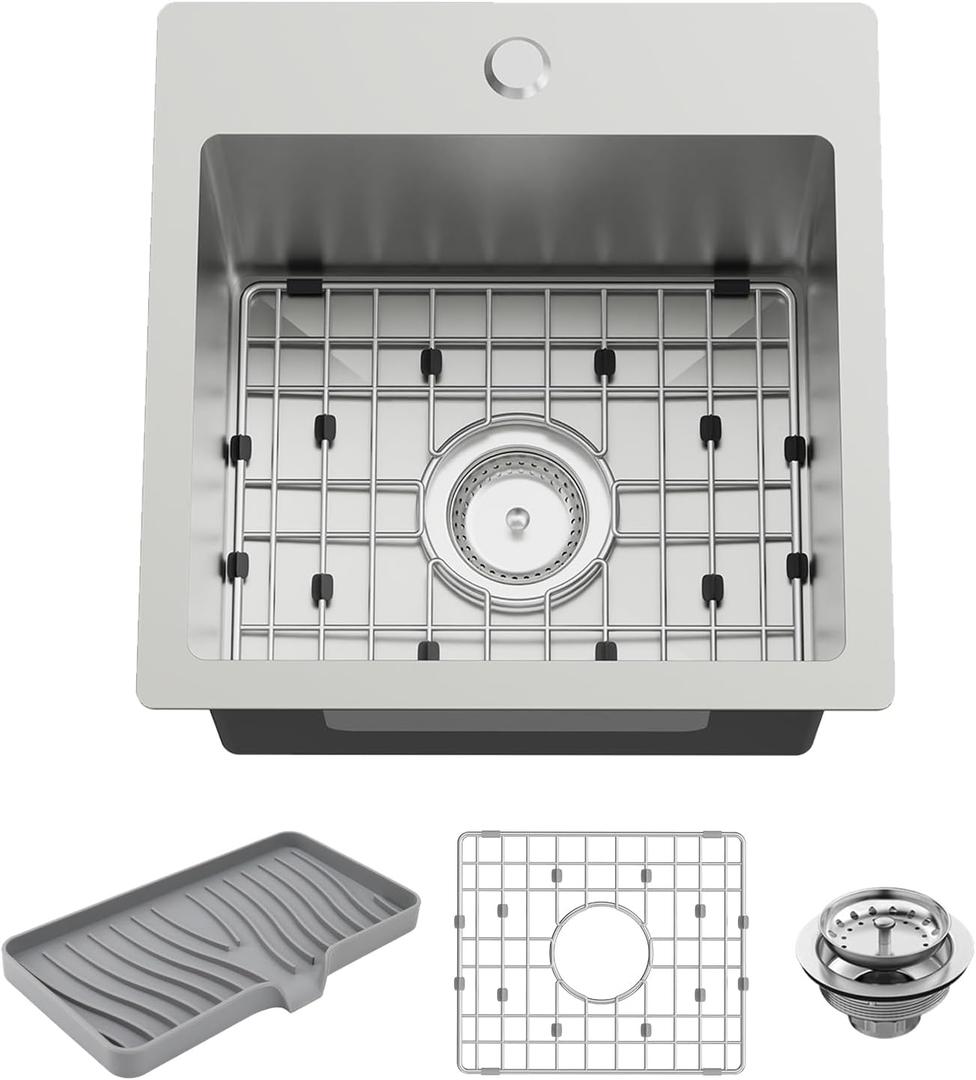 Small Kitchen Sink,15x15 Inch Bar Sink Stainless Steel Drop In Small Kitchen Sink Ideal Choice For Small Space Nice As Toprmount Prep Sink,RV Kitchen Sink With Bottom Grid,Soap Mat And Drain Assembly, 15x15x9 inches