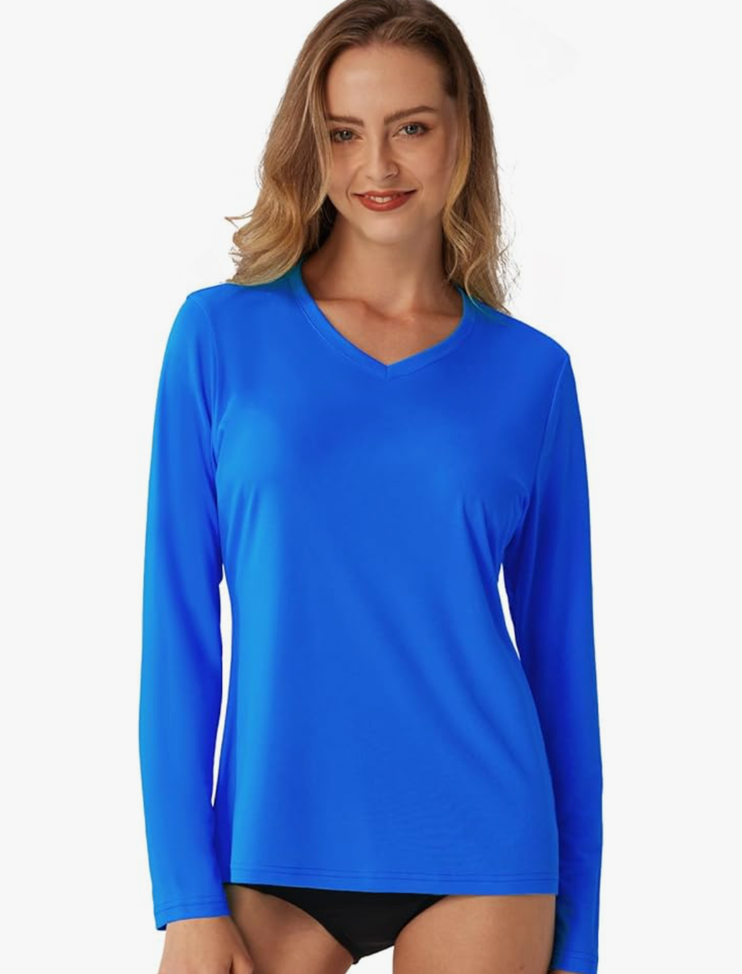 Women's Standard V-Neck UPF 50+ Long Sleeve Swim Rash Guard Shirt Size L