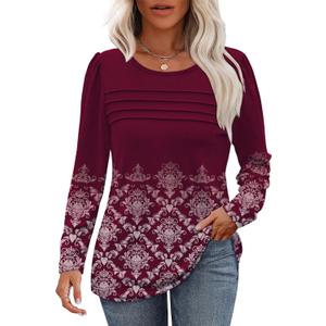 OFEEFAN Long Sleeve Shirts for Women Fall Fashion 2025 Dressy Casual Blouses Trendy Pleated Tunic Tops for Leggings (Red, XL)