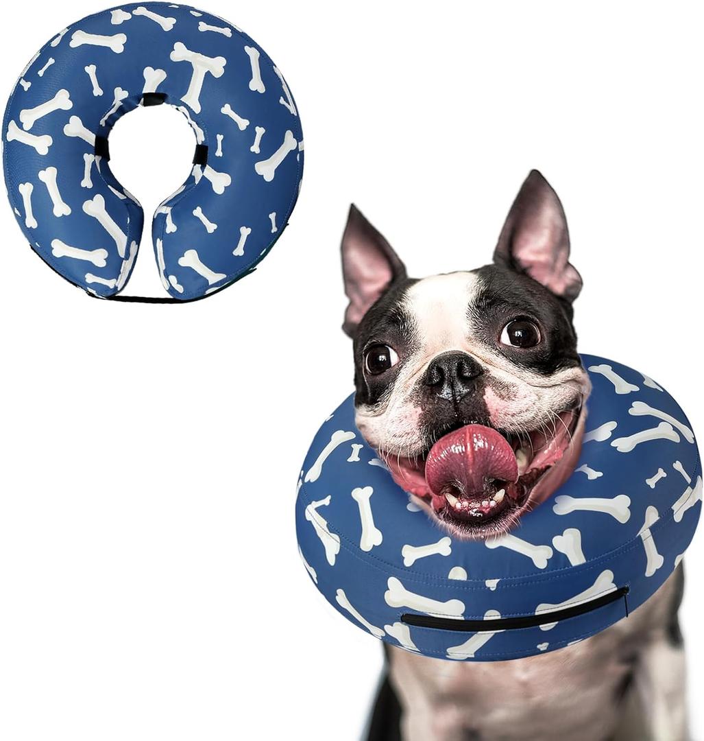 Supet Inflatable Dog Cone Collar Alternative After Surgery, Doggie Neck Donut Collar Recovery ECollar for Post Surgery, Soft Dog Cone for Small Medium Puppies Cats (S(Neck 7"-9.5"), T Bone Navy)
