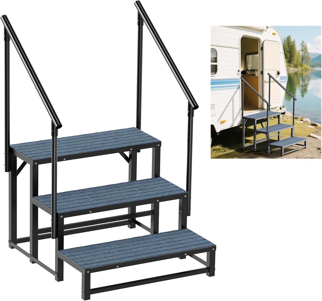 RV Steps with 2 Handrail, 3-Step Heavy Duty Hot Tub Steps, Non-Slip Outdoor Spa Steps for RV, Camper, Trailer, Mobile Home, Porch, Portable Ladder Stairs with Anti-Slip Mats (3 Steps with 2 Handrail)