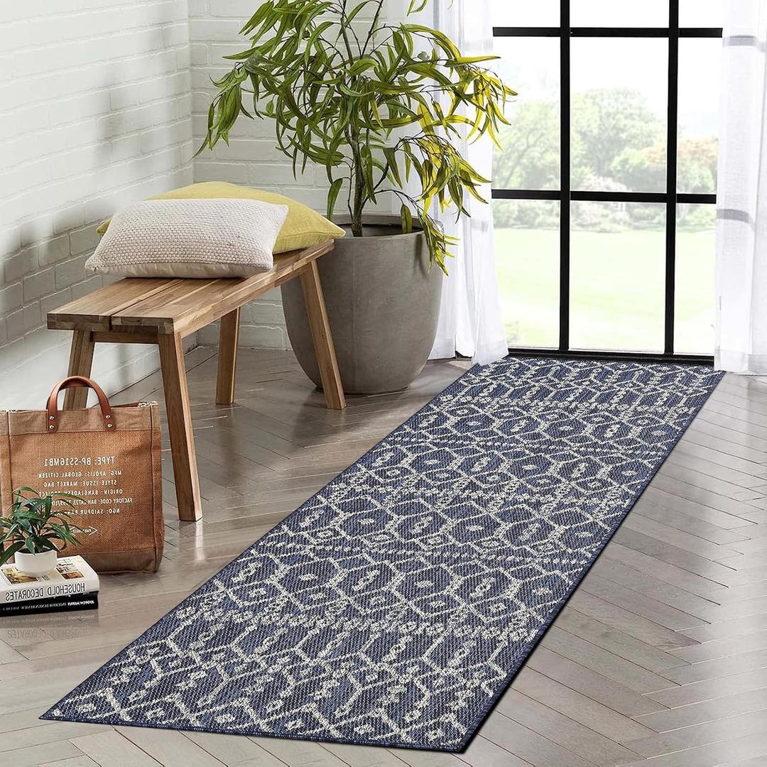 COZYLOOM Indoor/Outdoor Runner Rug 2'3"x7'3" Hallway Rug Entryway Runners Easy Cleaning Non-Shedding Outdoor Runners Moroccan Geometric Area Rug for Bedroom Kitchen Laundry Backyard Deck Porch Blue