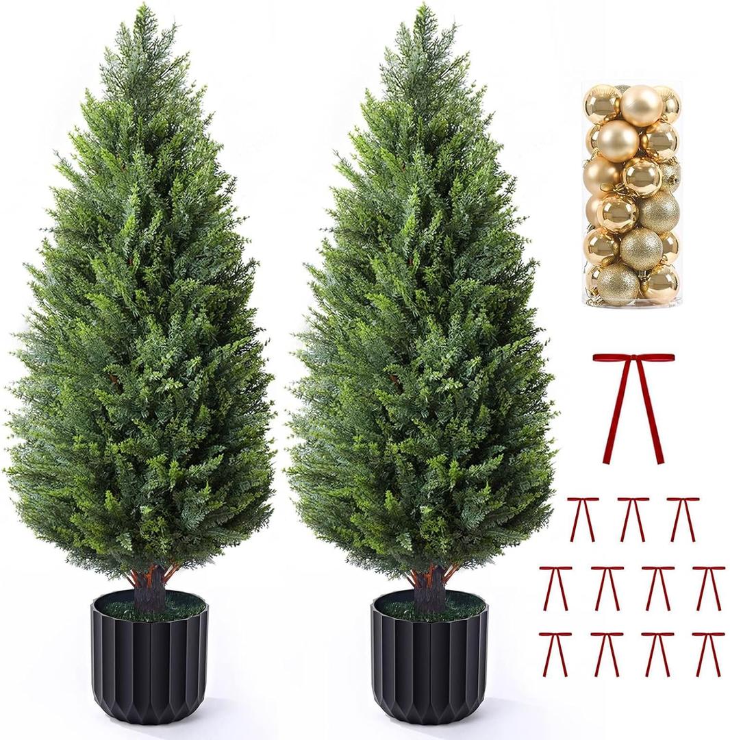 3FT Artificial Topiary Cedar Trees 2 Pack, Lush Thick Greenery UV Rated Artificial Plants for Outdoor Planters Decor, Realistic Fake Trees Indoor Garden