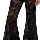 Verdusa Women's Sheer Lace High Waist Flared Leg Pants Bell Bottom Lightweight Summer Outfit (Large, Black)