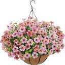 Artificial Hanging Flower Plants with Pot Planter, 12 Bundles Fake Flowers Uv Resistant Artificial Outdoor Flowers for Spring Summer Yard Porch Patio Garden and Home Decoration - Pink