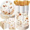 400 Pcs Fall Wild Floral Disposable Paper Plates Napkins Cups Serve 50 Floral Tableware Set for Autumn Thanksgiving Harvest Wedding Tea Party Decoration Bridal Shower Baby Shower (Orange Color)