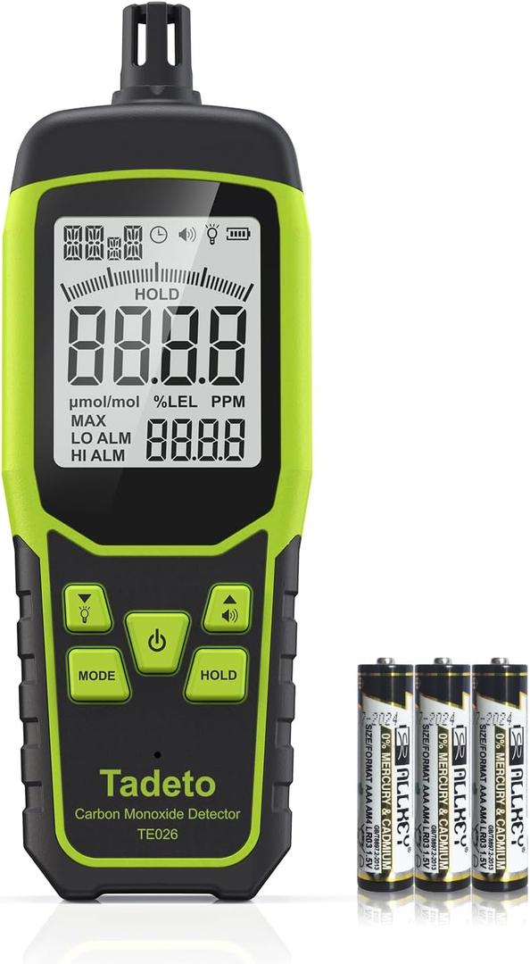 Carbon Monoxide Detectors, Portable CO Detector with Audible & Visual Alarm, 2.4-in Backlit Screen 0-1000PPM Travel CO Gas Meter for Home, Industrial and Outdoor (Includes Battery x3) (Green)