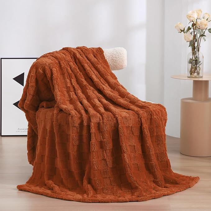 Burnt Orange Fleece Throw Blanket 50”×60” for Couch Sofa Bed,Super Soft Cozy Plush Microfiber Flannel Blanket with 3D Checkered Design Lightweight for Adults,Woman,Girls