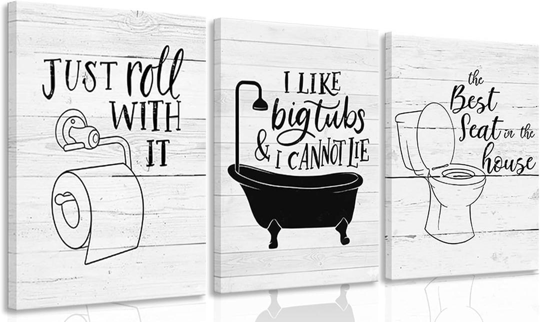 3Pcs Framed Funny Bathroom Quotes Canvas Wall Art, Black White Toilet Paper Bathtub Posters Prints Artwork, Minimalism Washroom Painting Pictures Wall Decor,for Bathroom Home Decoration 16x24in