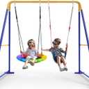 Swing Sets for Backyard, Toddler Swing Set with 2 Seat 1 Saucer & 1 Belt Seat, 440lbs Heavy-Duty Swing Frame w/8 Ground Stakes, A Frame Outdoor Swingset for Kids and Adults for Backyard (Blue)
