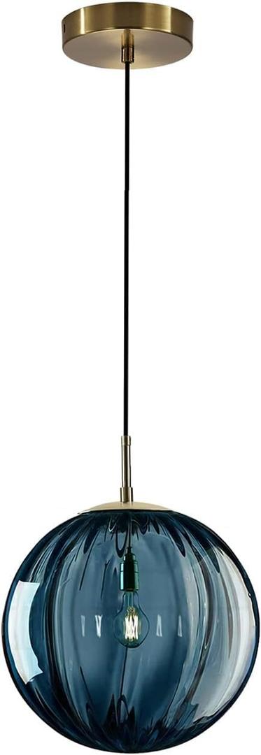 KCO Lighting Glass Globe Pendant Light Single Blue Pendant Lights Kitchen Island Brushed Gold Hanging Light Fixture Mid Century Retro Hanging Lamp Vintage Striped Pendant Light (7.9"-Blue)