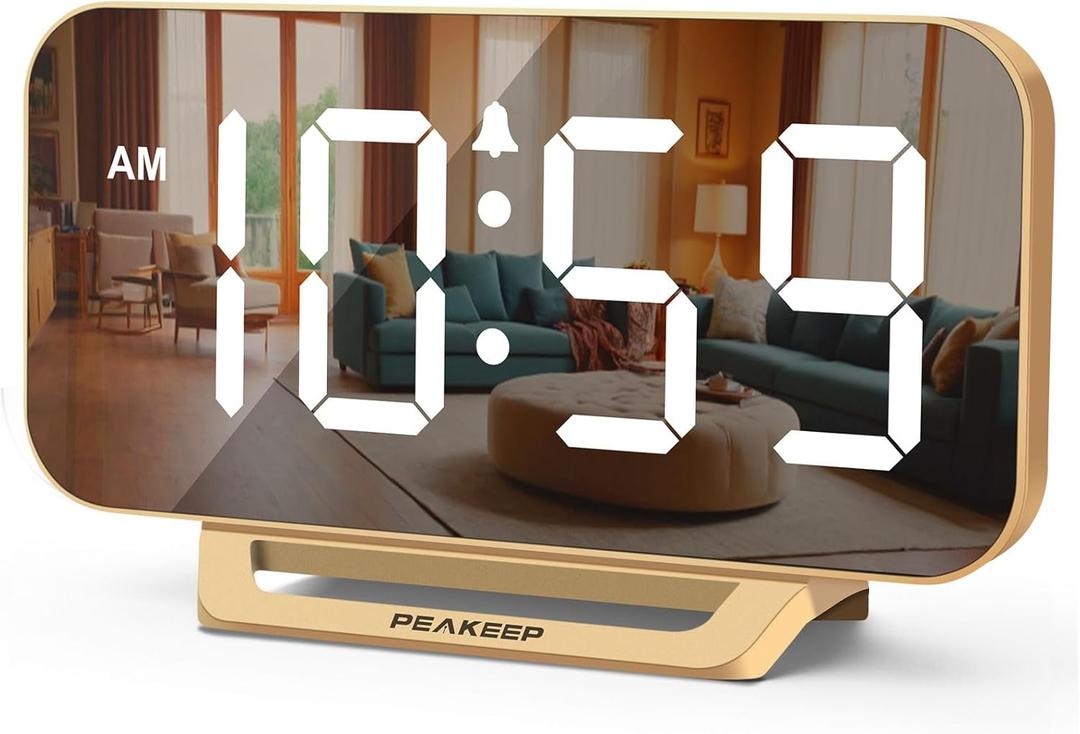 Peakeep Slim Digital Mirror Aesthetic Alarm Clock for Bedrooms Desk Decor  Plug in Electric Big LED Modern Small Clock for Office Living Room, Battery Backup, 6 Dimmers (Gold)