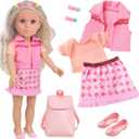 18 Inch Girl Doll Playset with Clothes and Accessories Including 18 Inch Doll Jacket T-Shirt Skirt Shoes backbag Hairband for Little Girl