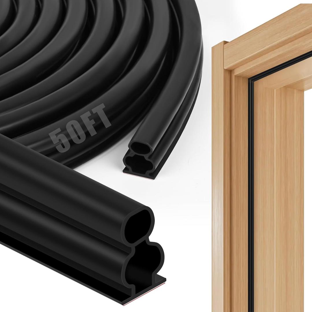 50 Feet Rubber Weather Stripping Door Seal, Extra Thick D-Shape Self Adhesive Door Seal Large Gap Door Weather Strip for Window Door Frame Insulation Soundproofing Blocks Cold Drafts Noise - Black