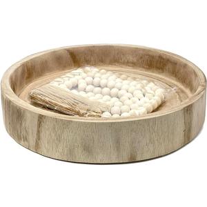 12.6" Wooden Round Hand-Carved Tray and A Wood Bead Tassel String Christmas Decor Decorative Centerpiece Paulownia Real Wood Serving Trays Wedding Farmhouse Decoration,Natural