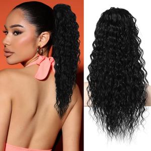 Flufymooz Ponytail Extension, 22 Inch Bohemian Style Drawstring Ponytail Hair Extensions for Women, Long Curly Wavy Pony Tail Natural Synthetic Hairpiece for Women (22 Inch Natural Black)