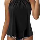 SUUKSESS Women Tummy Control Tankini Bathing Suit Ruffle High Waisted Swimsuit (Medium, 60 Vintage Black Floral)