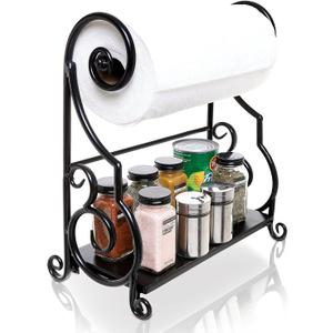 MyGift Paper Towel Holder Countertop with Shelf Black Metal Freestanding Decorative Organizer for Kitchen, Scrollwork Design, Horizontal Storage for Spices, Napkins, and Condiments, Large