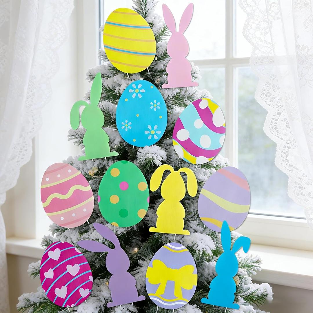 Fangoo 13 Pcs Easter Bunny Eggs Tree Ornaments Decorations with Stakes Cute Rabbit Eggs Picks Easter Tree Topper Spring Easter Party Garden Lawn Yard Sign Decoration Vase Decor
